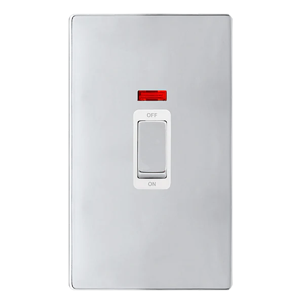 Screwless Plate Polished Chrome 50A Ingot 2 Gang Double Pole Switch With Neon - White Trim