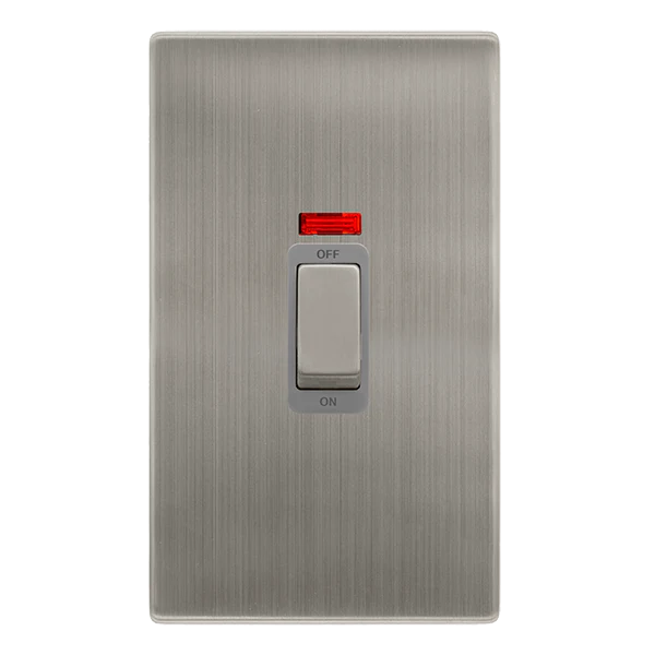 50A Ingot 2 Gang Double Pole Switch With Neon - Stainless Steel Cover Plate - Grey Insert - Screwless