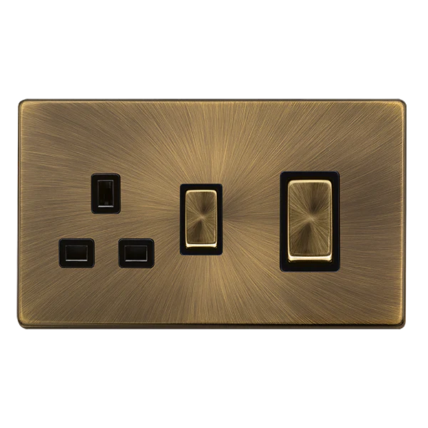 Screwless Plate Antique Brass 50A Ingot Double Pole Switch With 13A Double Pole Switched Plug Socket - Black Trim