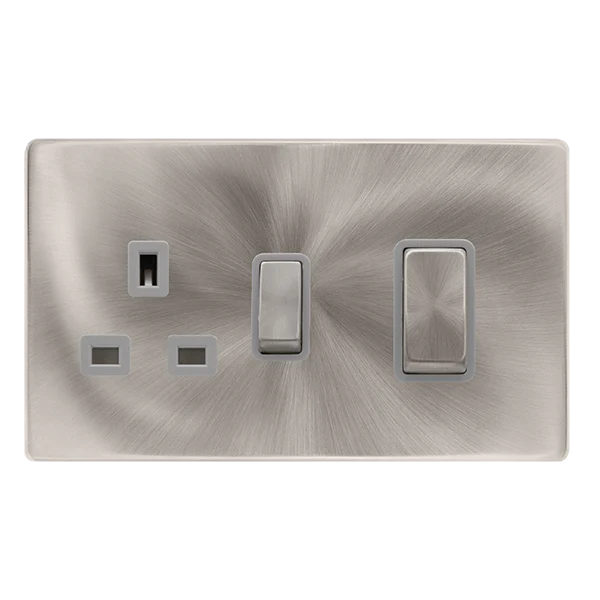 50A Ingot Double Pole Switch With 13A Double Pole Switched Socket - Brushed Steel Cover Plate - Grey Insert - Screwless
