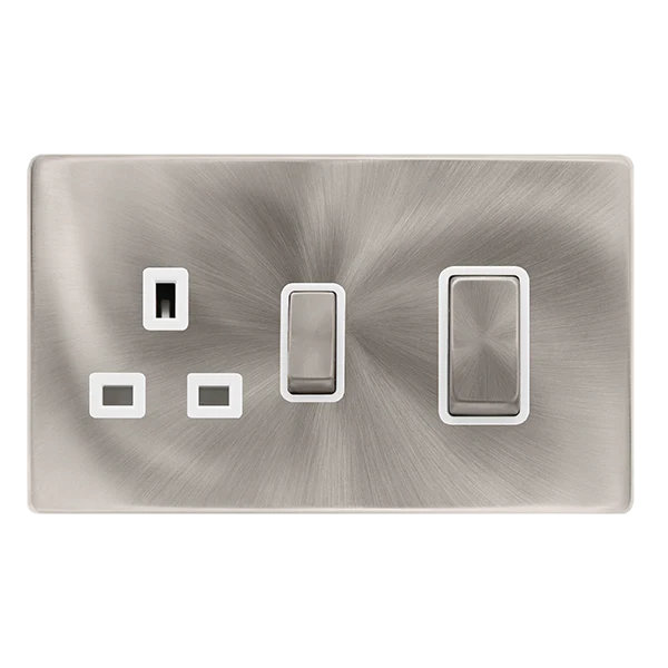 Screwless Plate Brushed Steel 50A Ingot Double Pole Switch With 13A Double Pole Switched Plug Socket - White Trim