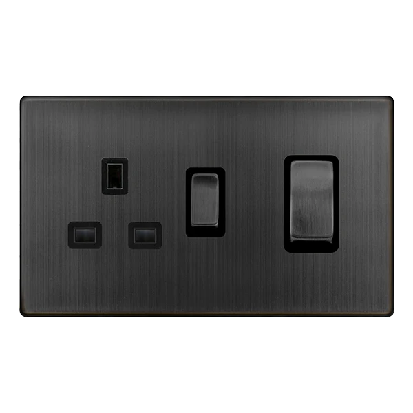 Screwless Plate Matt Bronze 50A Ingot Double Pole Switch With 13A Double Pole Switched Plug Socket - Black Trim