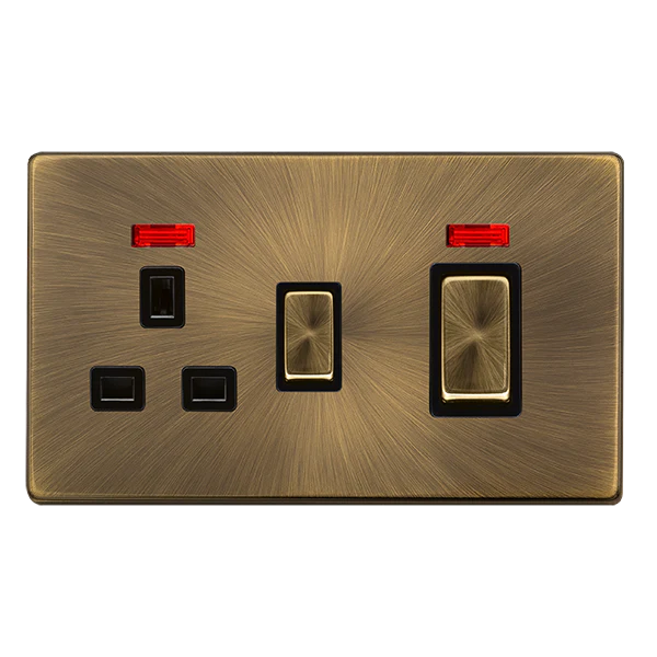 Screwless Plate Antique Brass 50A Ingot Double Pole Switch With 13A Double Pole Switched Plug Socket + Neon - Black Trim
