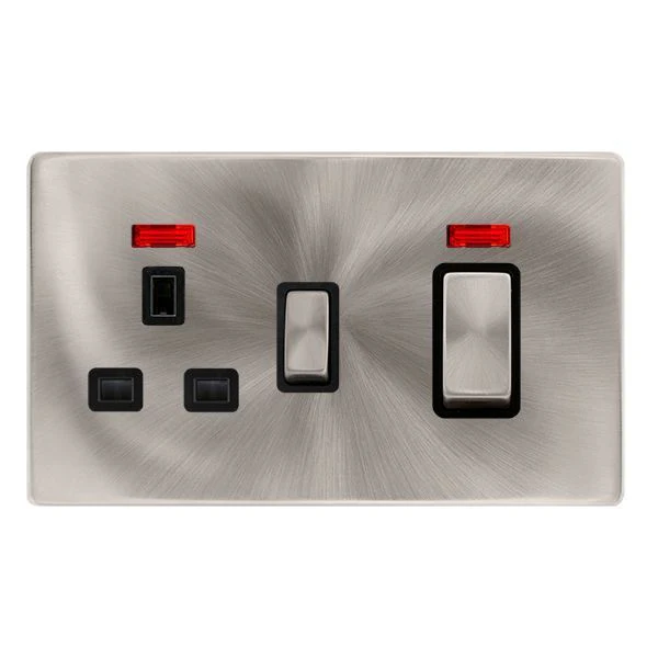 Screwless Plate Brushed Steel 50A Ingot Double Pole Switch With 13A Double Pole Switched Plug Socket + Neon - Black Trim