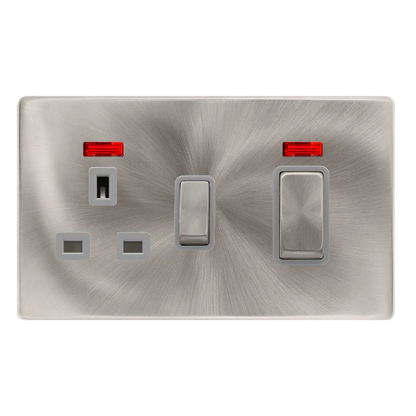 50A Ingot Double Pole Switch With 13A Double Pole Switched Socket + Neon - Brushed Steel Cover Plate - Grey Insert - Screwless