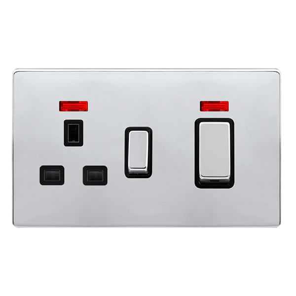 Screwless Plate Polished Chrome 50A Ingot Double Pole Switch With 13A Double Pole Switched Plug Socket + Neon - Black Trim