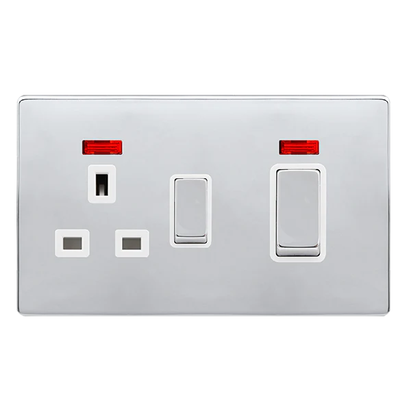 Screwless Plate Polished Chrome 50A Ingot Double Pole Switch With 13A Double Pole Switched Plug Socket + Neon - White Trim