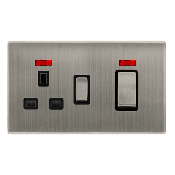 Screwless Plate Stainless Steel 50A Ingot Double Pole Switch With 13A Double Pole Switched Plug Socket + Neon - Black Trim