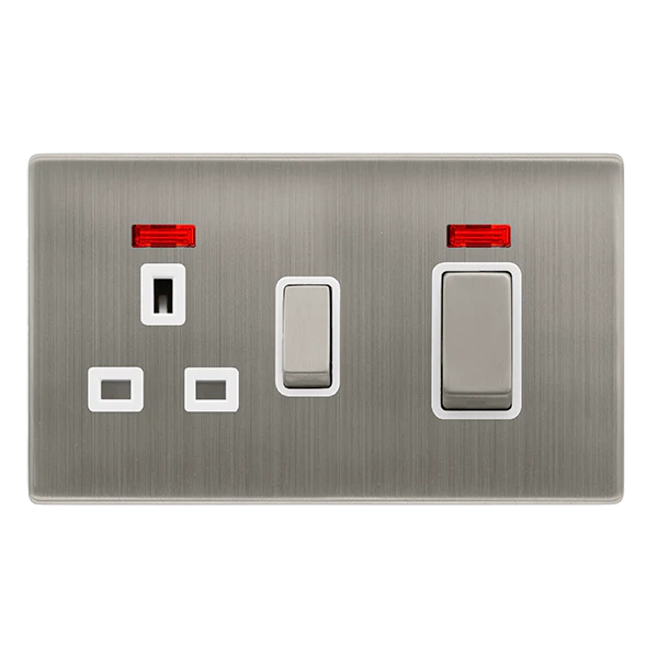 Screwless Plate Stainless Steel 50A Ingot Double Pole Switch With 13A Double Pole Switched Plug Socket + Neon - White Trim