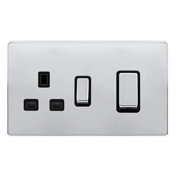 Screwless Plate Polished Chrome 50A Ingot Double Pole Switch With 13A Double Pole Switched Plug Socket -  Black Trim