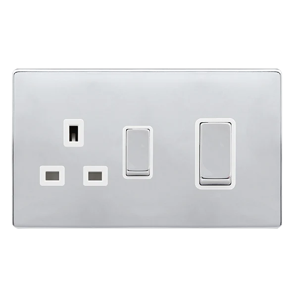 Screwless Plate Polished Chrome 50A Ingot Double Pole Switch With 13A Double Pole Switched Plug Socket - White Trim