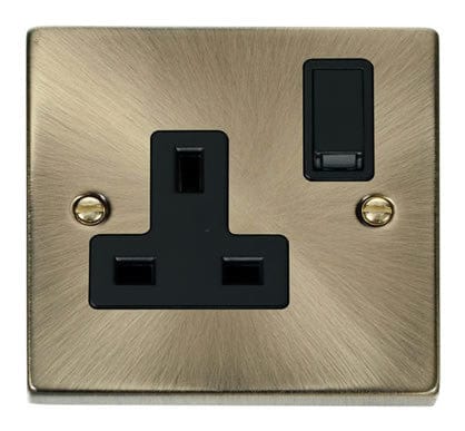 Antique Brass 1 Gang 13A DP Switched Plug Socket - Black Trim