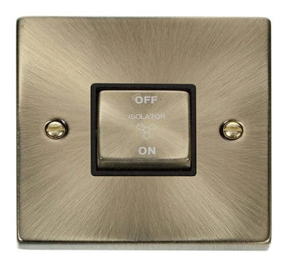 Antique Brass 10A 1 Gang Ingot 3 Pole Fan Isolation Switch - Black Trim