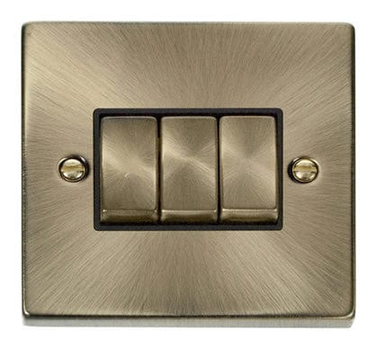 Antique Brass 10A 3 Gang 2 Way Ingot Light Switch - Black Trim