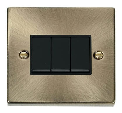 Antique Brass 10A 3 Gang 2 Way Light Switch - Black Trim