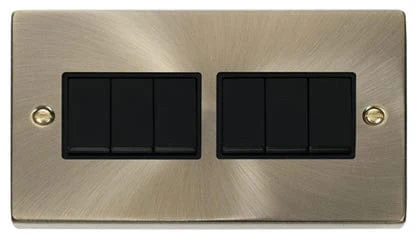 Antique Brass 10A 6 Gang 2 Way Light Switch - Black Trim