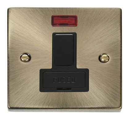 Antique Brass 13A Fused Connection Unit Switched With Neon - Black Trim
