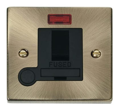 Antique Brass 13A Fused Connection Unit Switched With Neon With Flex - Black Trim