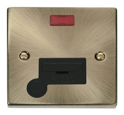 Antique Brass 13A Fused Connection Unit With Neon With Flex - Black Trim