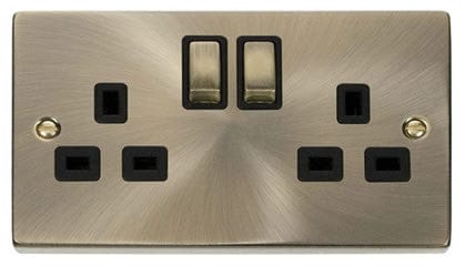 Antique Brass 2 Gang 13A DP Ingot Twin Double Switched Plug Socket - Black Trim