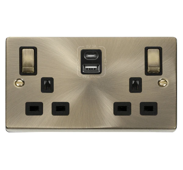 Antique Brass 2 Gang 13A DP Ingot Type A & C USB Twin Double Switched Plug Socket - Black Trim