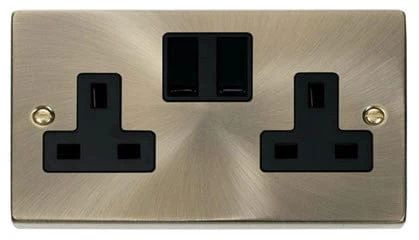 Antique Brass 2 Gang 13A Twin Double Switched Plug Socket - Black Trim