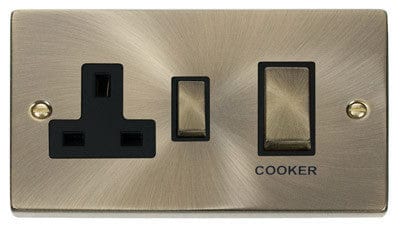 Antique Brass Cooker Control Ingot 45A With 13A Switched Plug Socket - Black Trim