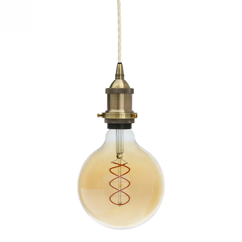 Antique Brass Decorative Bulb Holder with Cream Twisted Cable - Image 4