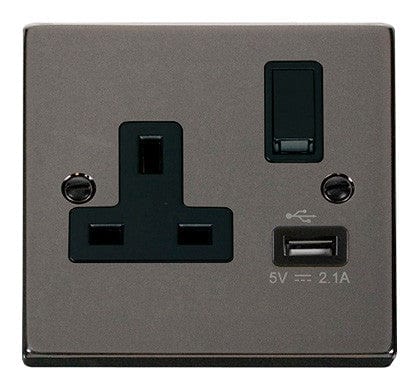 Black Nickel 1 Gang 13A DP 1 USB Switched Plug Socket - Black Trim