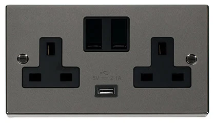 Black Nickel 2 Gang 13A 1 USB Twin Double Switched Plug Socket - Black Trim