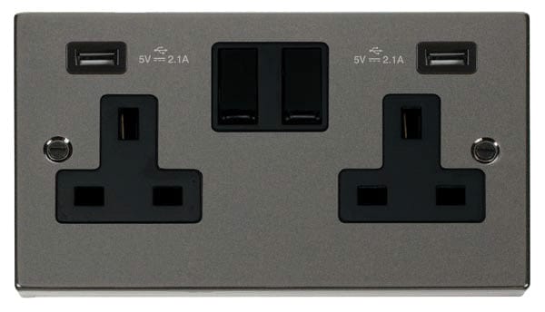 Black Nickel 2 Gang 13A 2 USB Twin Double Switched Plug Socket - Black Trim
