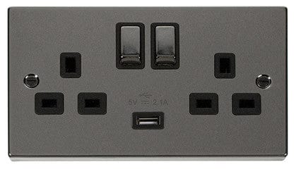 Black Nickel 2 Gang 13A DP Ingot 1 USB Twin Double Switched Plug Socket - Black Trim