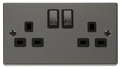Black Nickel 2 Gang 13A DP Ingot Twin Double Switched Plug Socket - Black Trim