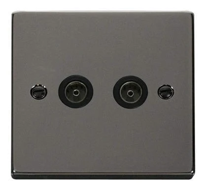 Black Nickel 2 Gang Twin Coaxial TV Socket - Black Trim