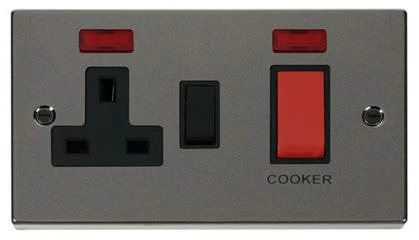 Black Nickel Cooker Control 45A With 13A Switched Plug Socket & 2 Neons - Black Trim