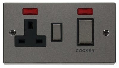 Black Nickel Cooker Control Ingot 45A With 13A Switched Plug Socket & 2 Neons - Black Trim