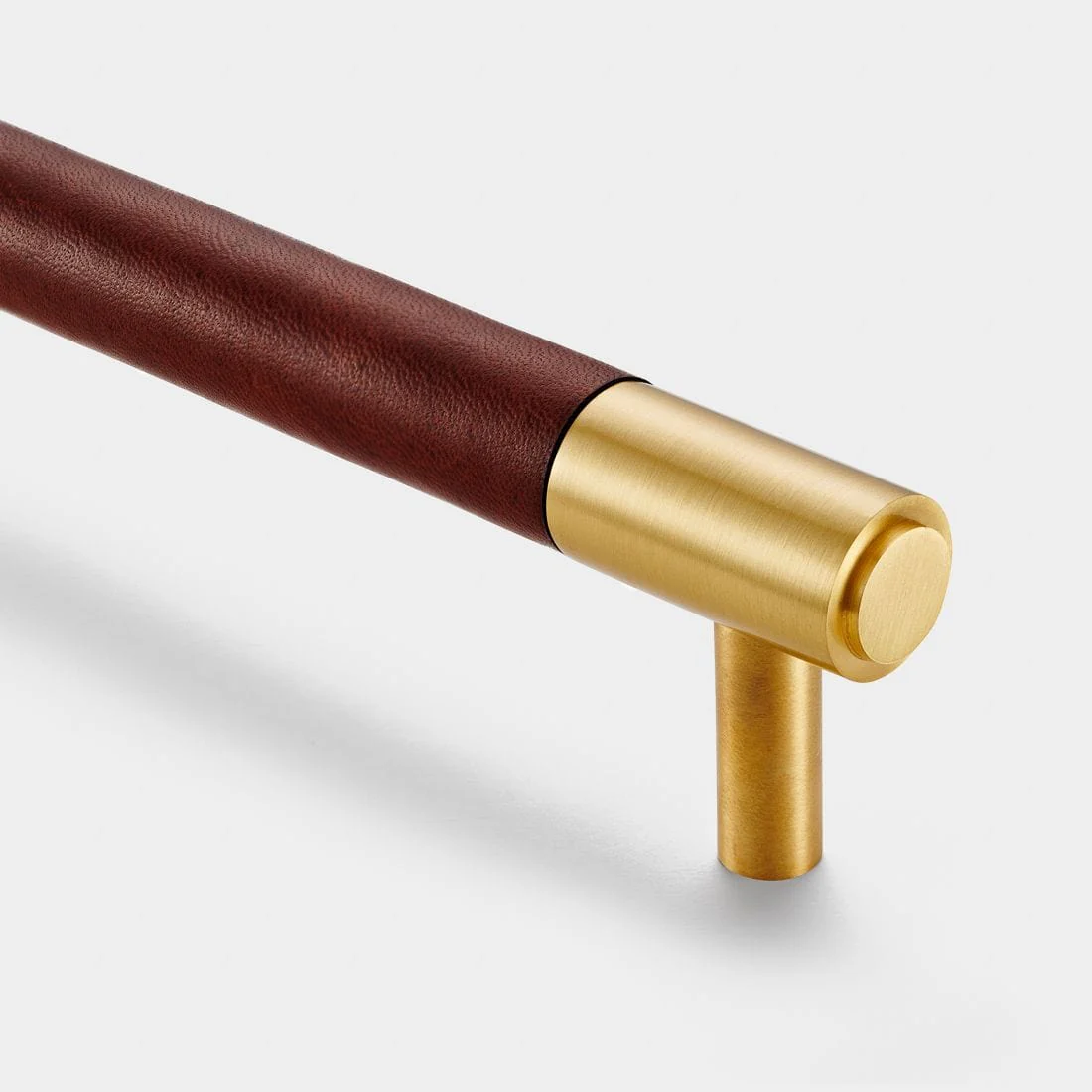 Brown Leather Wrapped Brass Cupboard Bar Handle - Satin Brass - Hole Centre 224mm