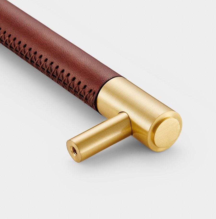Brown Leather Wrapped Brass Cupboard Bar Handle - Satin Brass - Hole Centre 224mm - Image 2