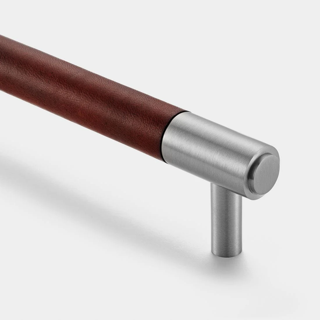 Brown Leather Wrapped Brass Cupboard Bar Handle - Silver - Hole Centre 128mm