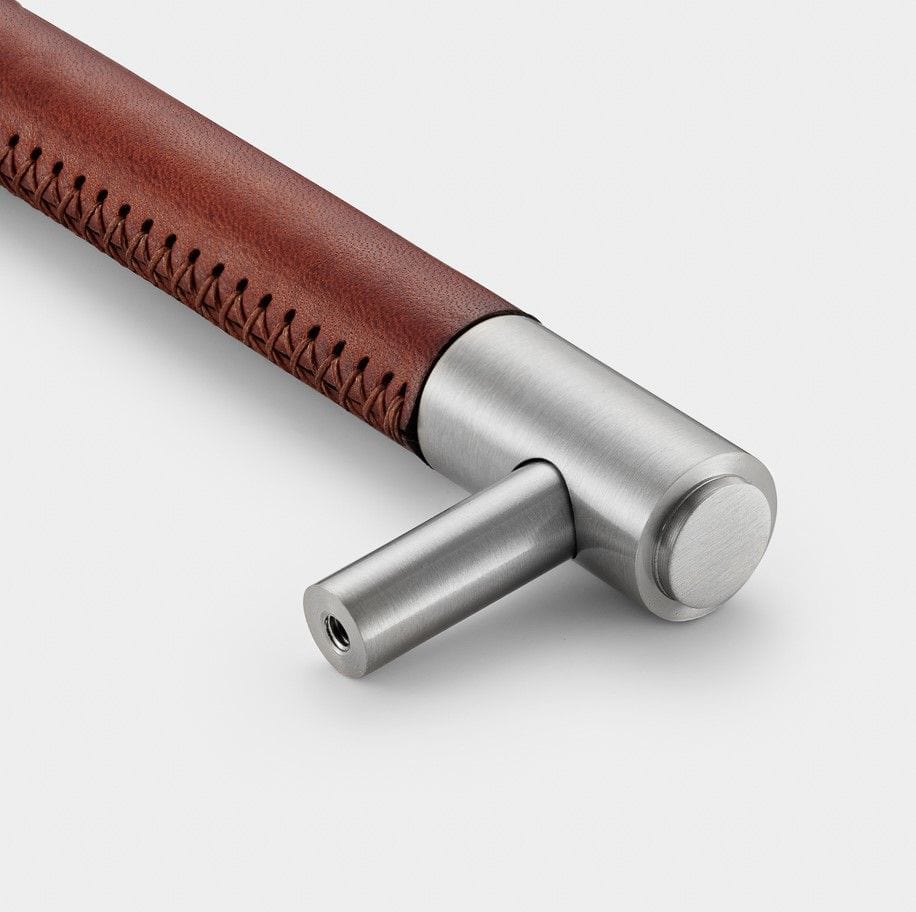 Brown Leather Wrapped Brass Cupboard Bar Handle - Silver - Hole Centre 128mm - Image 2