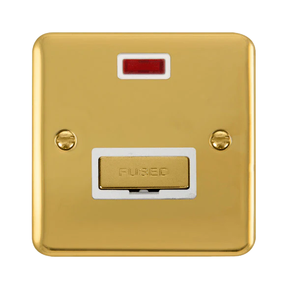 Curved Polished Brass 13A Ingot Fused Connection Unit With Neon - White Trim