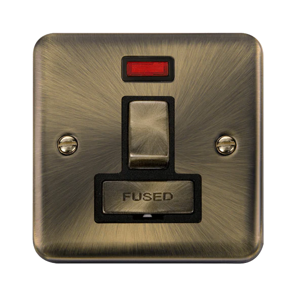 Curved Antique Brass 13A Fused Ingot Connection Unit Switched With Neon - Black Trim