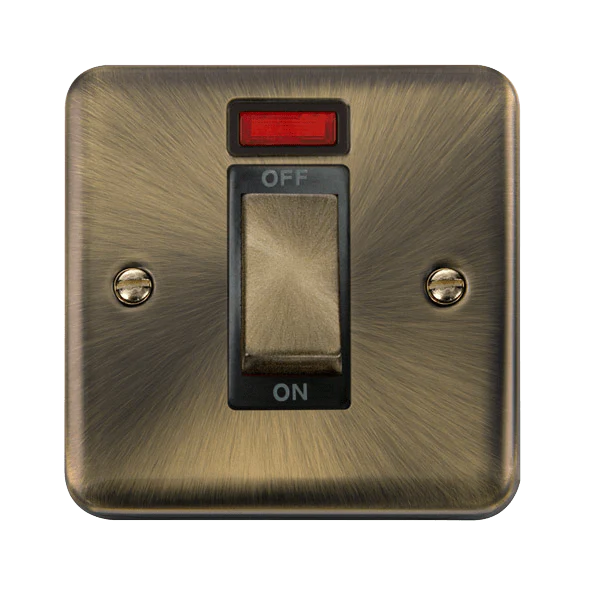 Curved Antique Brass 45A Ingot 1 Gang DP Switch With Neon - Black Trim