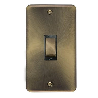 Curved Antique Brass 45A Ingot 2 Gang DP Switch - Black Trim