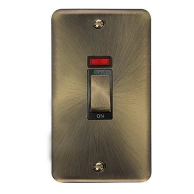 Curved Antique Brass 45A Ingot 2 Gang DP Switch With Neon - Black Trim