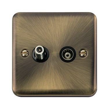 Curved Antique Brass Isolated Satellite & Isolated Coaxial Outlet - Black Trim