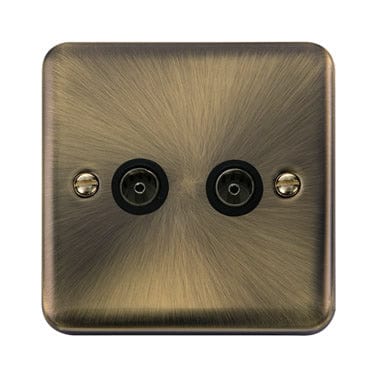 Curved Antique Brass Twin Coaxial Outlet - Black Trim