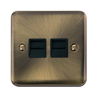 Curved Antique Brass Twin Telephone Outlet - Master - Black Trim