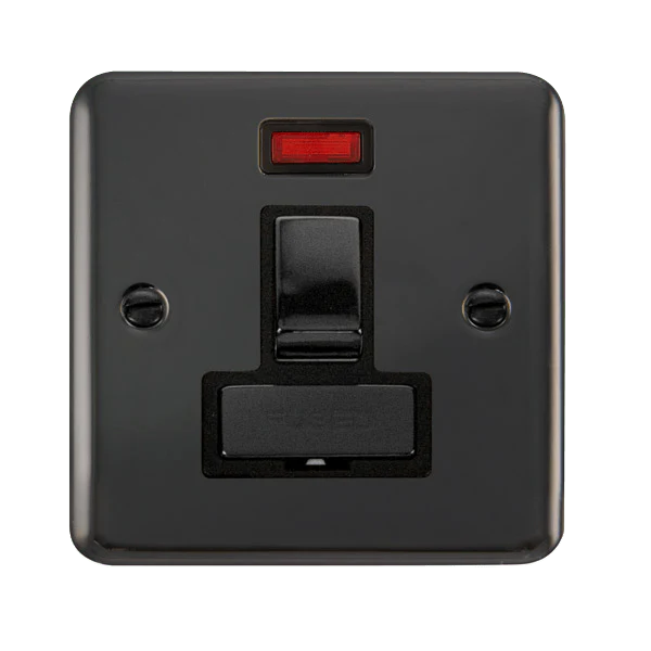 Curved Black Nickel 13A Fused Ingot Connection Unit Switched With Neon - Black Trim