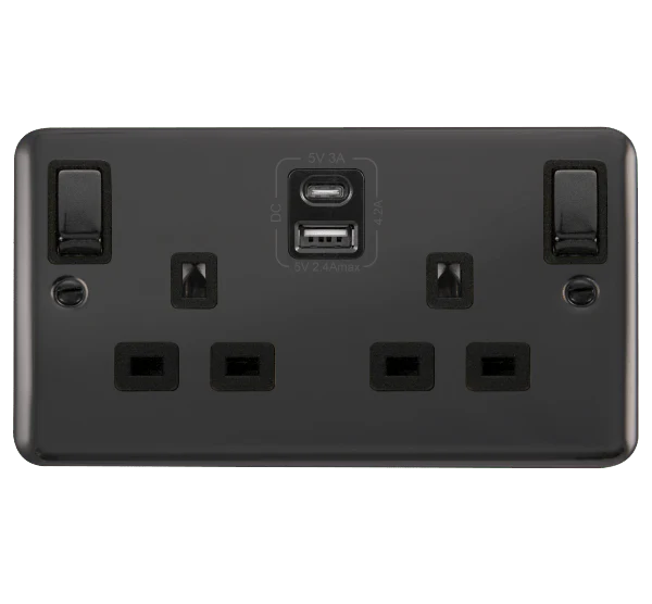 Curved Black Nickel 2 Gang 13A DP Ingot Type A & C USB Twin Double Switched Plug Socket - Black Trim